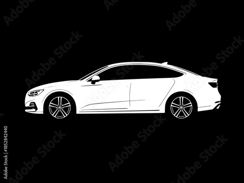 A minimalist vector illustration of a modern sedan car in black and white, shown at a three-quarter angle, with bold thick outlines, sleek aerodynamic body, stylized headlights, star-shaped alloy whee