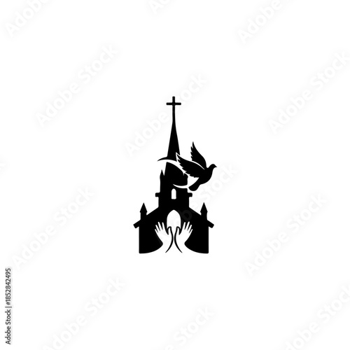 Church silhouette with dove and hands isolated on transparent background