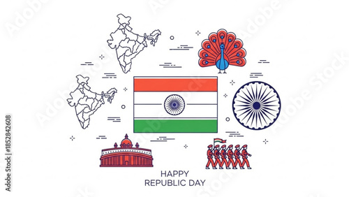 Indian republic day celebration with flag, peacock, map, rashtrapati bhavan, soldiers, and ashoka chakra