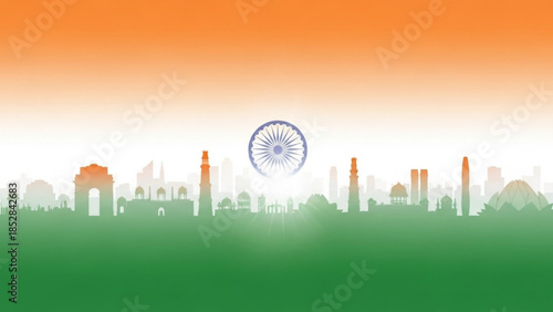 Indian republic day celebration background with new delhi cityscape and ashoka chakra symbol