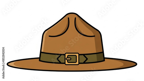 Brown cowboy hat with green belt and gold buckle on white background
