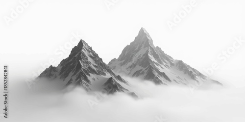 Two snowy mountain peaks rising above foggy clouds