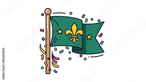 Green flag with yellow fleur de lis and stars waving with confetti celebration