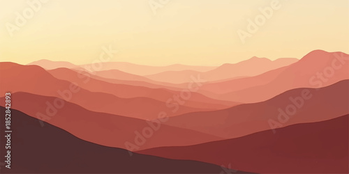 Sunset over layered mountain range with warm orange and brown hues