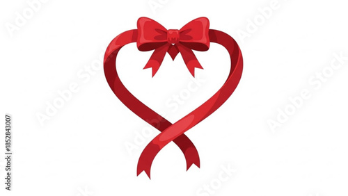 Red heart shaped ribbon with bow on white background for valentine's day or love themed designs and decorations