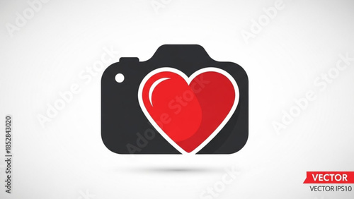 Black camera icon with red heart on white background, photography love symbol, vector graphic design element