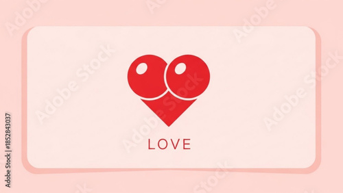 A cute red heart symbol with two faces and the word love on a pink background for valentine's day or romantic concepts