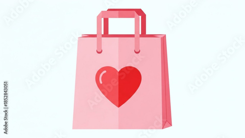 Pink shopping bag with a red heart on a white background, symbolizing love and consumerism in a minimalist style