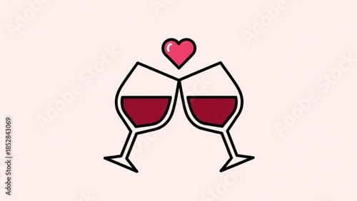 Two wine glasses clinking together with a heart above them on a pink background for love or valentine's day