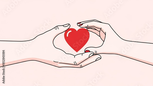 A delicate hands holding a bright red heart symbolizing love care and affection on a soft pink background