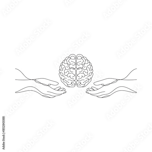 Hands gently cradling a detailed brain illustration in a minimalist line art style