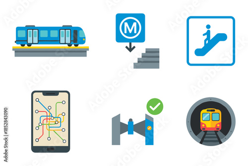 Metro and subway transportation icons set