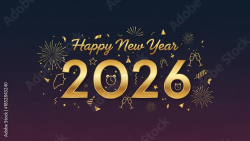 Happy new year 2026 gold text with fireworks and confetti on dark background