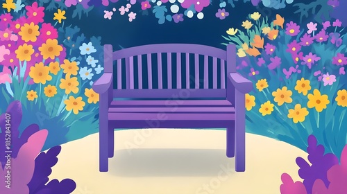 Vibrant floral bench scene nature park digital art peaceful environment serene view