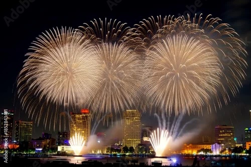 New Year's fireworks shone above the big city.created by artificial intelligence.