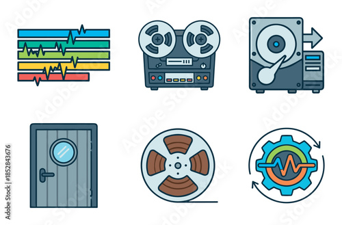 Audio and Data Recording Flat Icons Set