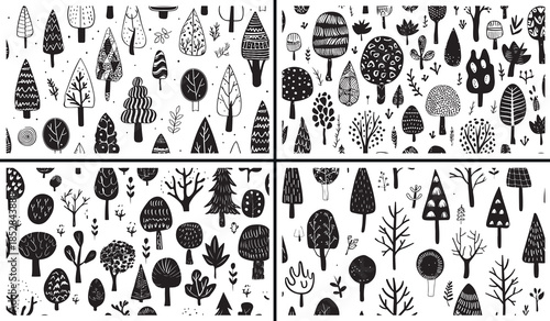 tree clipart illustration, forest nature icons, woodland tree drawings, hand drawn landscape art, outdoor nature designs, black white tree clipart, printable forest elements, landscape illustration pa