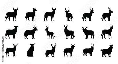 Set of black deer silhouettes on white background vector