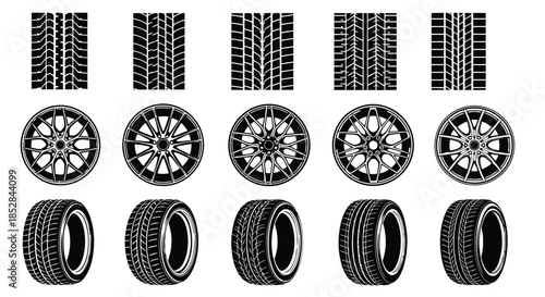 Collection of car tire tread patterns and wheel designs on white background vector