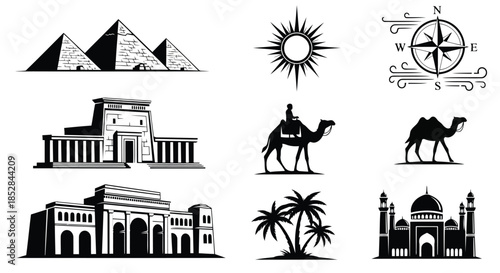 Black and white vector illustrations of ancient middle eastern landmarks and symbols
