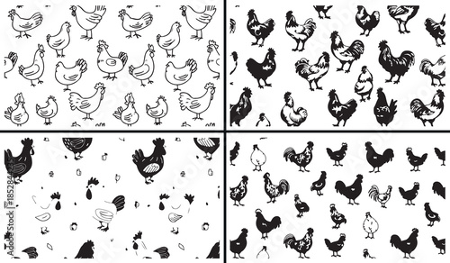 farm bird clipart, chicken illustration doodles, rooster hen drawings, hand drawn poultry art, cute farm animals, black white bird clipart, printable farm icons, rural animal pack, bird outline collec