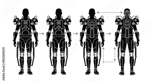 Evolution of a futuristic robotic exoskeleton suit, humanoid design with mechanical limbs and armor plating on white background