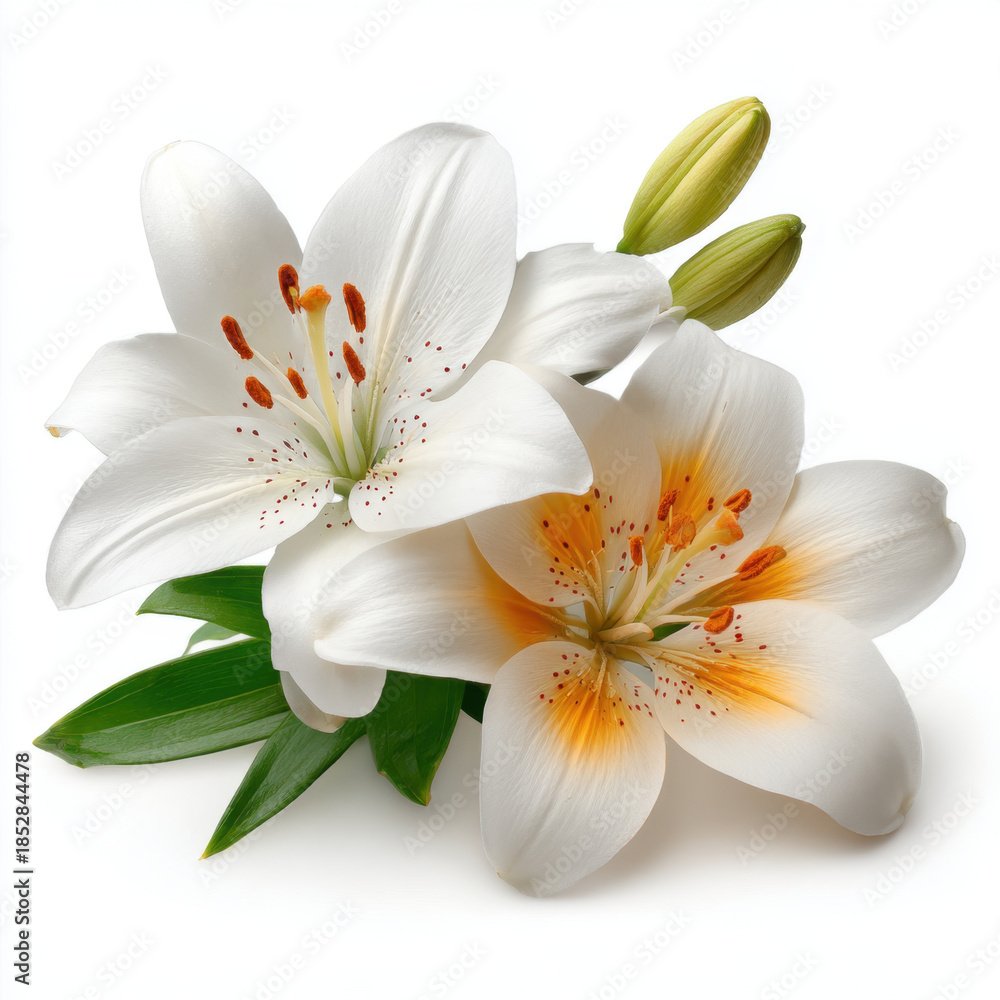 Fototapeta premium White lilies with green leaves and buds on white background create fresh and elegant floral arrangement. delicate petals and vibrant colors evoke sense of purity and tranquility