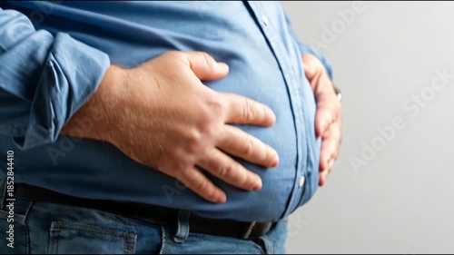 Overweight man touching his big belly, feeling discomfort from indigestion, bloating or pain
