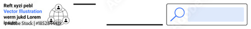 Digital research, online networking, data exploration, information search, technology concepts, communication links. Network diagram with connected people and search bar. Digital research and online