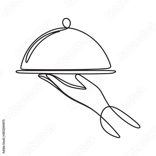 A single line drawing depicting a hand presenting a covered serving dish
