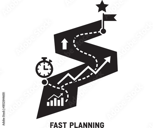  Comprehensive Fast Planning Roadmap Visualizing a Winding Path with Milestones Stopwatch Progress Bars and a Finish Flag Star Symbolizing Timely Project Delivery and Strategic Goal Tracking