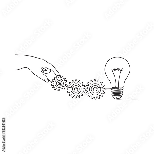 Hand activating gears leading to a glowing lightbulb representing idea generation