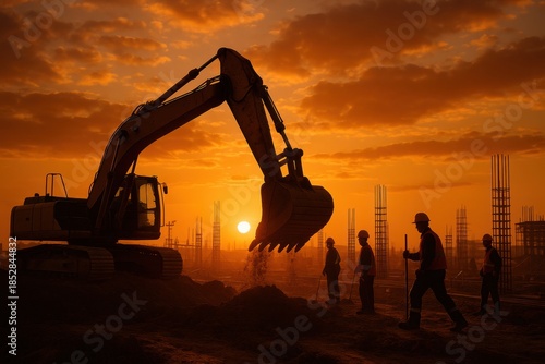 Wallpaper Mural Crew members work on a construction site during sunset with an excavator moving dirt and creating silhouettes against the orange sky. Torontodigital.ca