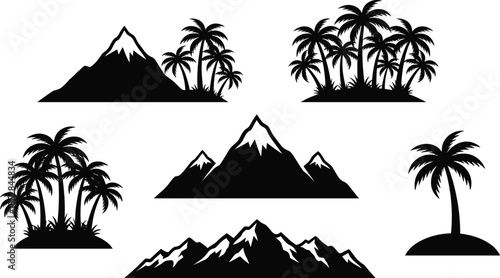 Mountain and palm tree landscape silhouette set, tropical island hills and peaks, black nature scenery isolated vector collection design elements icons