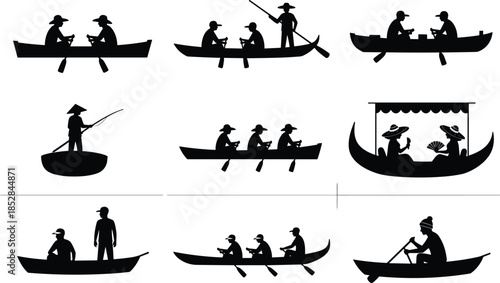 Traditional boat rowing silhouettes illustration, fishermen paddling canoes and gondolas, cultural water transport scenes, black vector icons isolated on white background