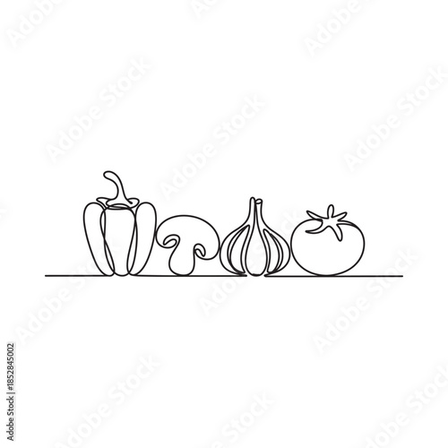 Minimalist one line drawing of fresh vegetables tomato garlic pepper and mushroom