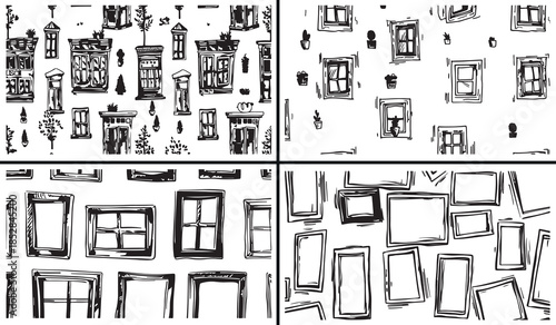 house icon clipart, door window illustration, building facade sketches, architecture outline icons, black white house clipart, printable building elements, home design pack, architectural illustration