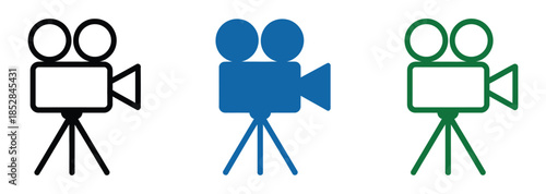 Three colorful video camera icons on white background