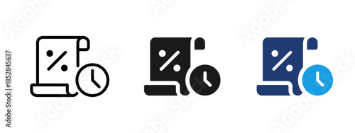 Loan icon with percent sign and clock on document. Concept of mortgage, credit, interest rate, repayment schedule and financial agreement for banking, finance, lending and money management.