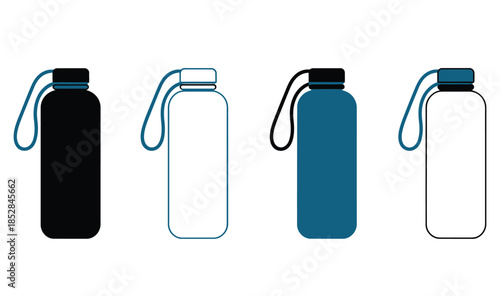 Set of modern refillable water bottles in different colors and styles