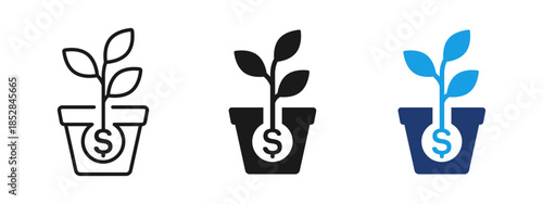 Money tree icon showing a plant growing from a coin with dollar sign. Symbol of money tree, financial growth, investment, wealth, profit and passive income for business and finance projects.