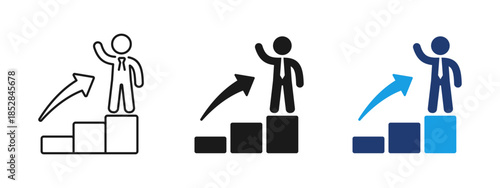 Career growth icon showing business person on rising bars with upward arrow. Concept of success, promotion, professional development and business progress for management, HR and corporate strategy.