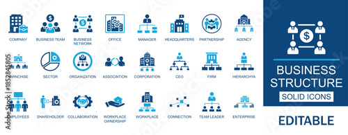 Business Structure Solid Icon Set. Features icons of company, collaboration, corporation, enterprise, hierarchy CEO, partnership, office. Perfect for corporate and HR management apps.