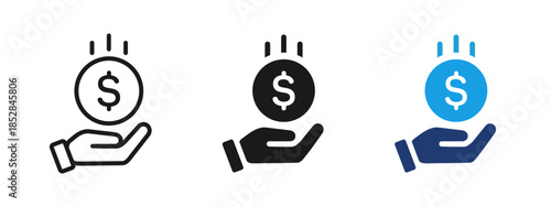 Receiving money icon with hand holding coin. Concept of payment, payout, salary, income and cash receiving for banking, payroll, financial services and transactions.