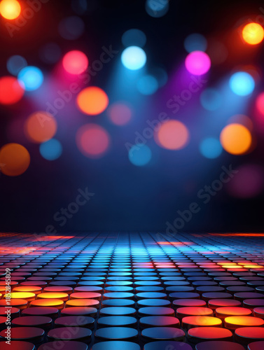Vibrant disco dance floor with colorful lights and bokeh effect, creating energetic and lively atmosphere. Perfect for parties and celebrations