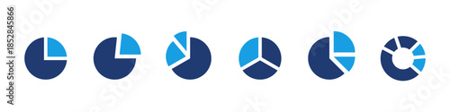 Pie chart icon set showing data distribution and percentage statistics. Analytics and metrics concept for reports, dashboards, infographics, presentations and user interface design.