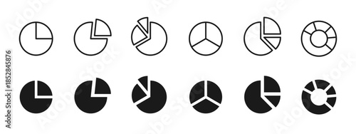 Pie and donut chart icon set for data visualization. Statistics and percentage diagrams for analytics dashboards, reports, infographics, presentations and user interface design.