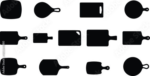 Kitchen cutting board silhouettes set, wooden chopping board shapes collection, minimal black icons for cooking, food preparation, kitchen design