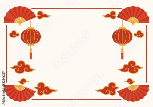 Chinese New Year Decorative Frame with Red Lanterns and Traditional Ornaments