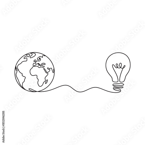 A continuous line drawing connects the earth to a glowing lightbulb idea